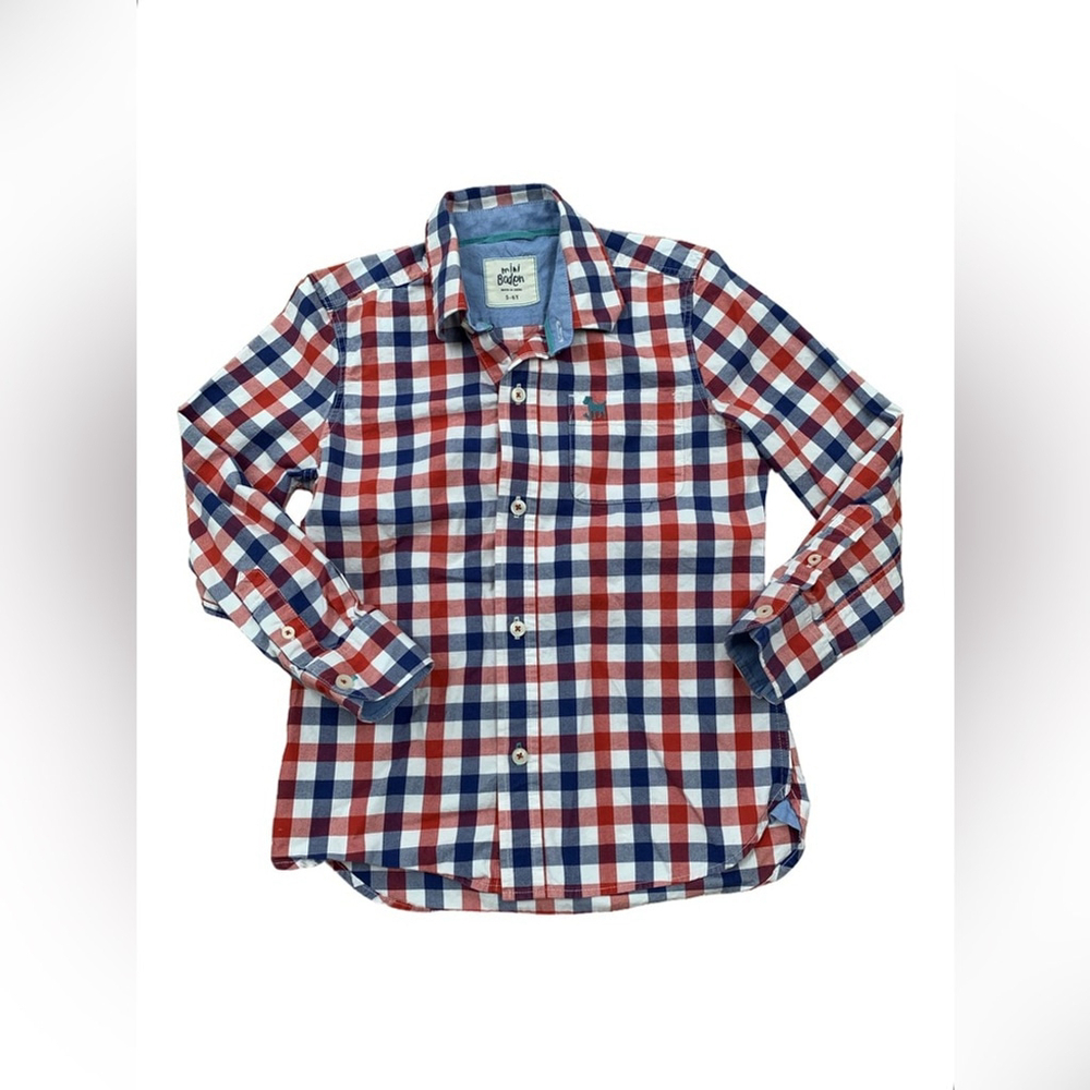 Mini Boden Size 5-6 Years Red, White and Blue Plaid Button Down Shirt